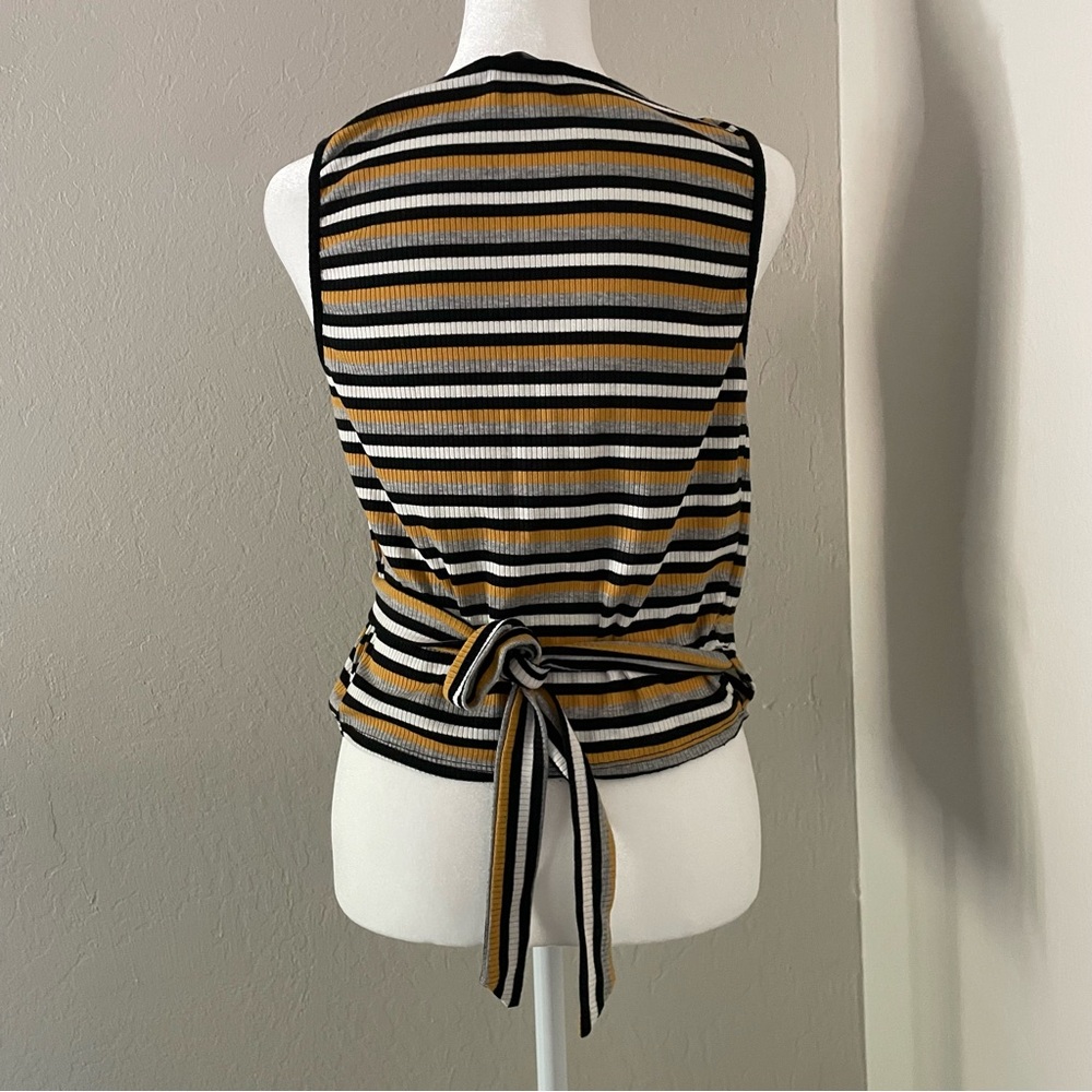 William B Ribbed Striped Wrap Tank Top V neck Women’s S Black, White, Yellow - Picture 4 of 6